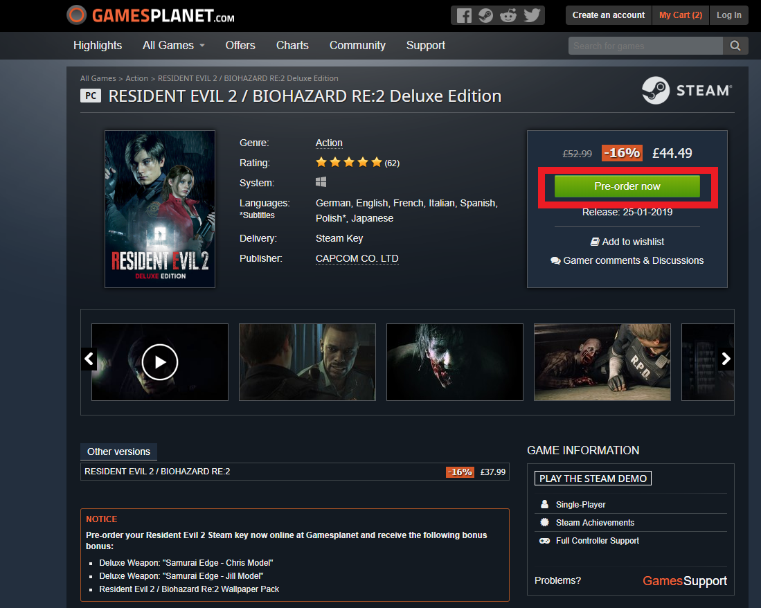 Resident Evil2 Re Biohazard Re 2 Pcでの通常版 Z Ver 北米版の購入方法 今日もゲームを始めよう