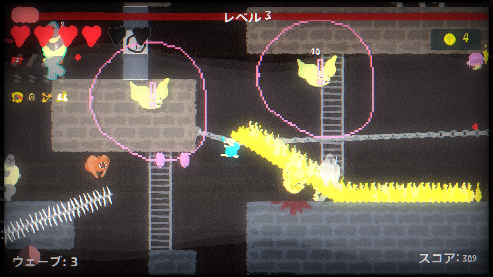 複数の自動攻撃と敵が交差するBlood Dungeonの戦闘