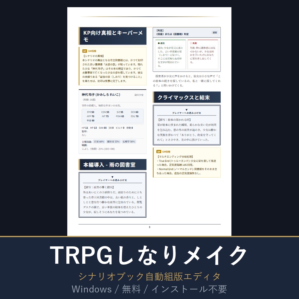 TRPGしなりメイクの製品名と自動組版されたシナリオブック紙面