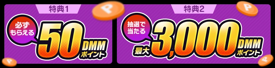50DMMポイントと最大3000DMMポイントの特典を示した公式画像
