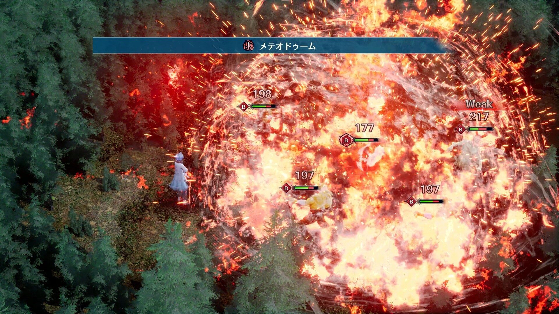 メテオドゥームが複数の敵へ命中するブリガンダイン アビスの戦闘画面