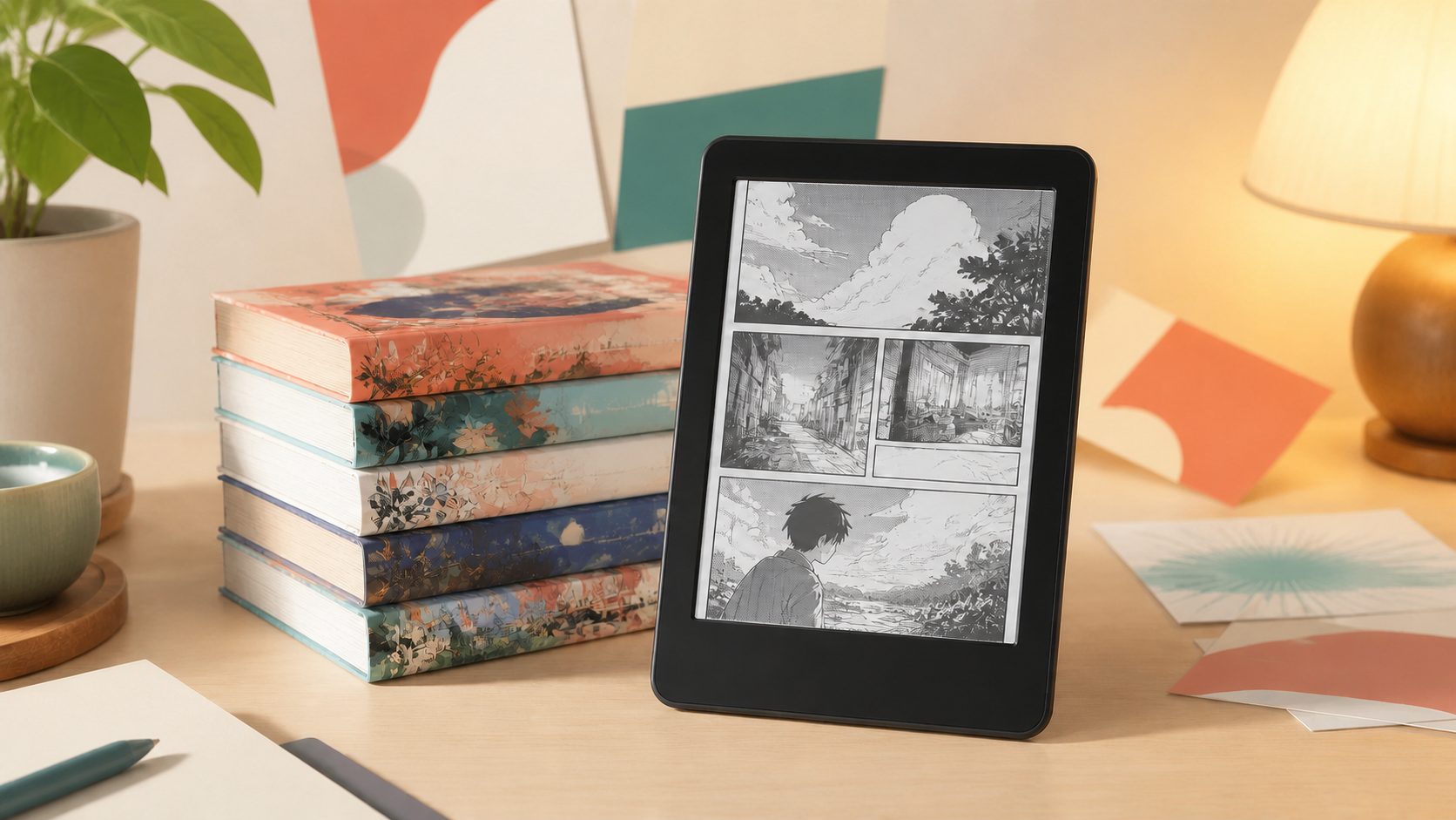 電子書籍端末と漫画を並べたKindle漫画セールのイメージ