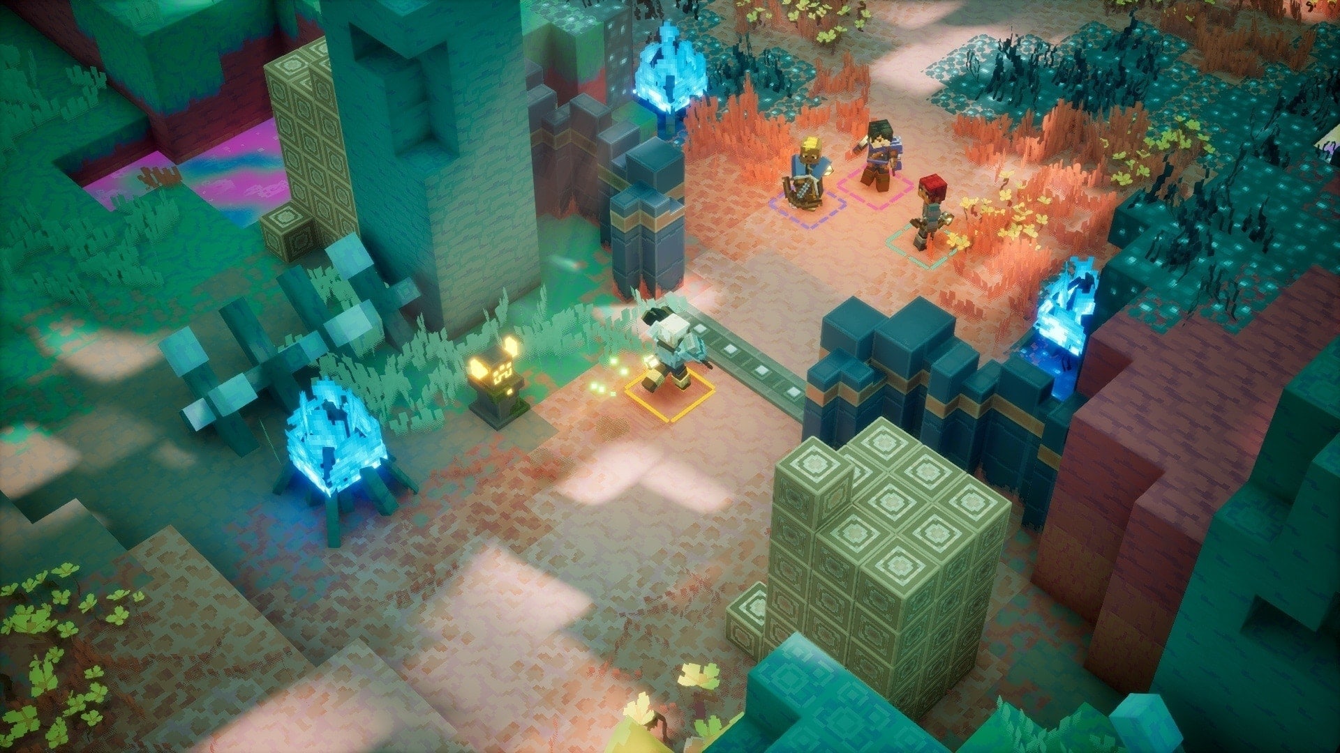 Minecraft Dungeons II（マインクラフト ダンジョンズ 2）：敵や炎が見える俯瞰戦闘画面