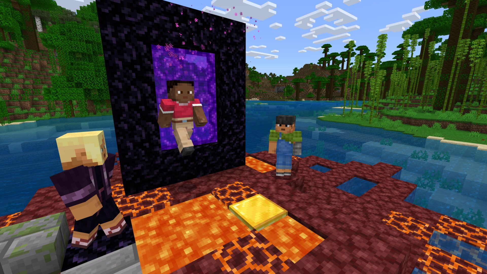 Minecraft（マインクラフト）：ネザーのポータルと溶岩のそばに立つ人物たちの画面