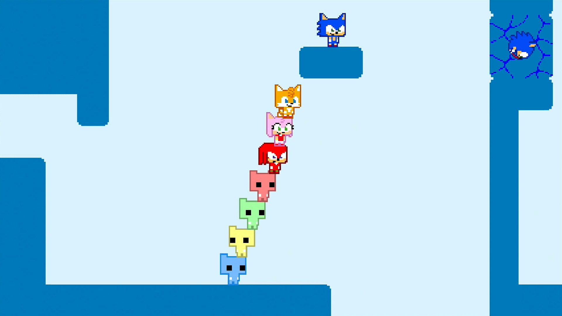 SONIC PICO PARK:キャラクターが協力して段差を登るゲーム画面(Steam版公式画像)