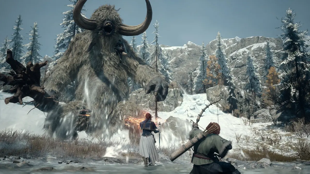 Dragon’s Dogma 2: Dark Arisen:雪山でモンスターと対峙するゲーム画面