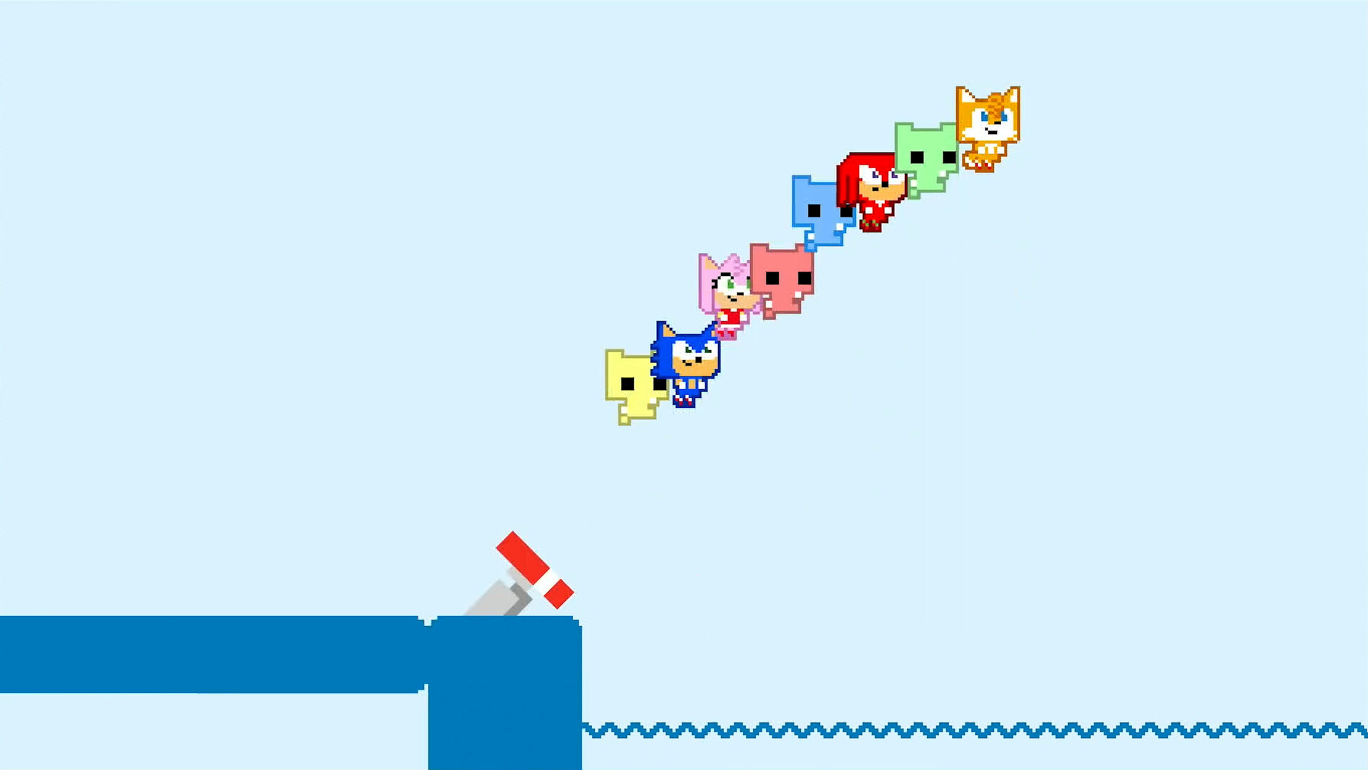SONIC PICO PARK：複数のプレイヤーキャラクターが並んで足場を渡る画面