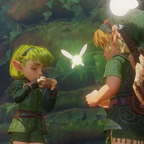 Switch 2版『時のオカリナ』に登場するリンクとサリア、妖精ナビィ