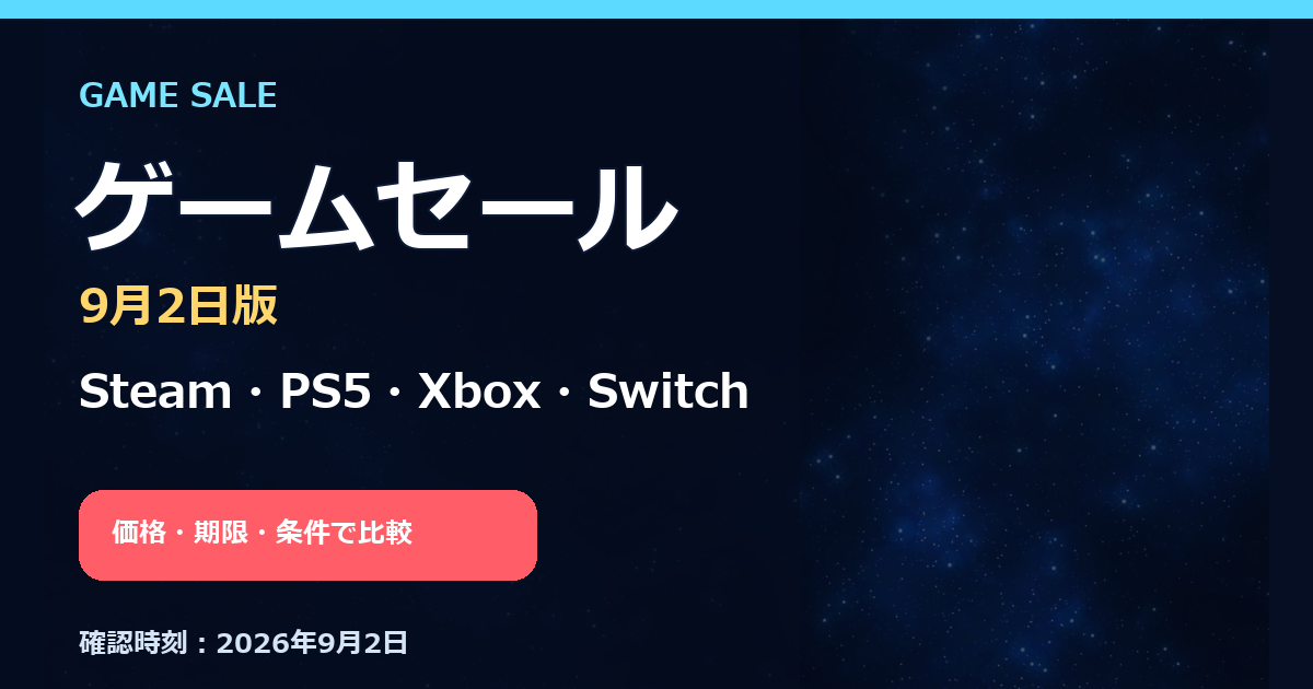 ゲームセール9月2日版。Steam、PS5、Xbox、Switchの価格・期限・条件を比較する記事のアイキャッチ