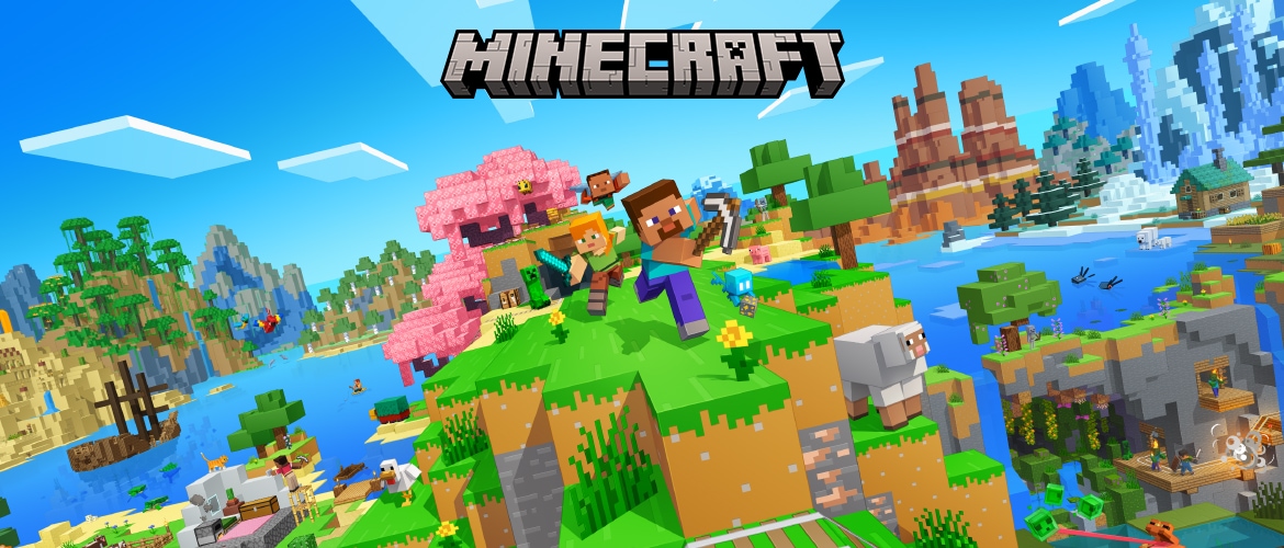 Minecraftの統合版のキーアート。スティーブとアレックスがさまざまなモブとバイオームに囲まれ、MINECRAFTのロゴが入っている