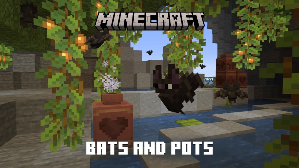ツタに囲まれた飾り壺の横を飛ぶコウモリと Bats and Pots の文字