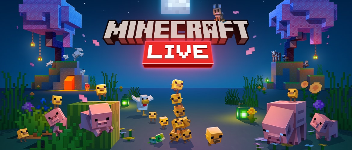 Minecraft LIVEのロゴの下の夜の草原に、ひよこや子ブタなど赤ちゃんのモブが集まるキーアート