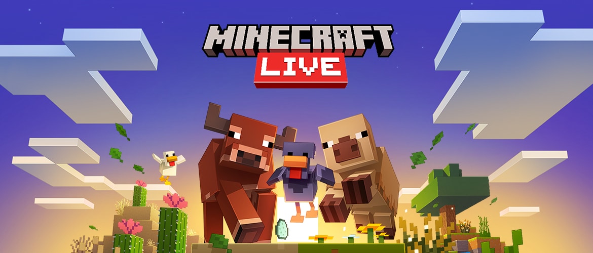 Minecraft LIVEのキーアート。ロゴの下で、ウシやニワトリなどのモブが紫とオレンジの空の下の草原を駆けてくる