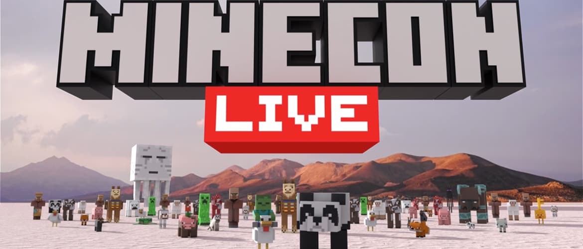 MINECON LIVEのロゴの下で、たくさんのモブが白い平原に並ぶ画像