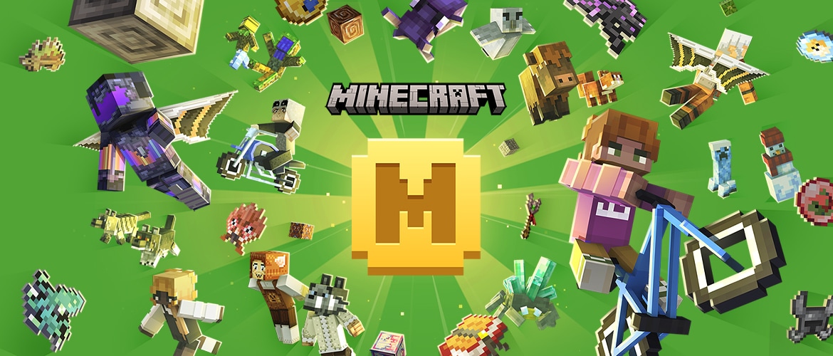 Minecraft Marketplaceを表す画像。金色のMのマインコインを中心に、スキンやアドオンの部品、モブ、ツールが散らばっている