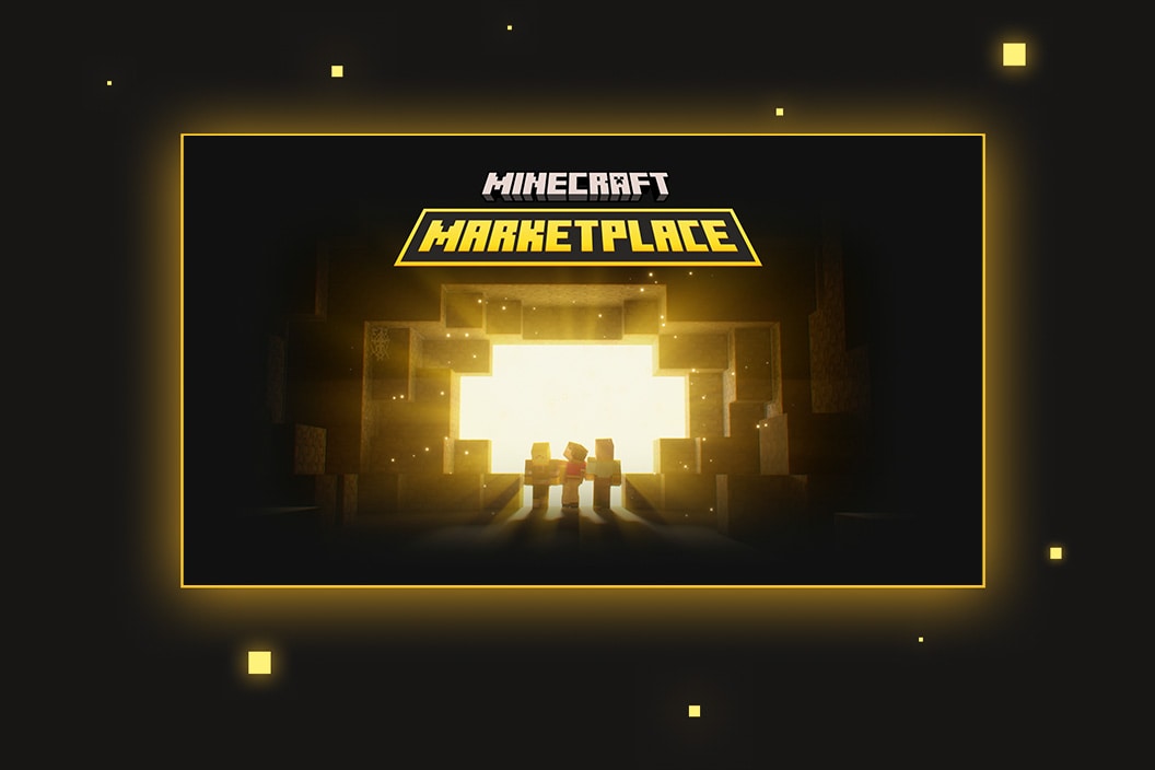 MINECRAFT MARKETPLACEのロゴと、洞窟の光る出口に立つ3人のキャラクター