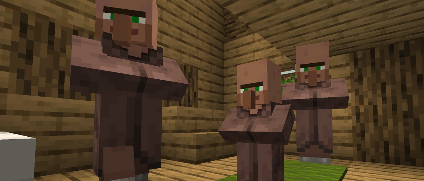 木の家の中に村人が3人並んでいるMinecraftの公式画像。保護者向けのペアレンタルコントロールの記事の見出しに使われている