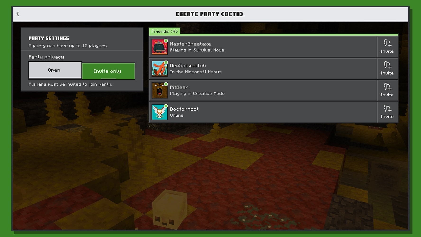 統合版のパーティー作成画面。Party privacyの項目にOpenとInvite onlyの選択肢があり、右にフレンドの招待ボタンが並ぶ