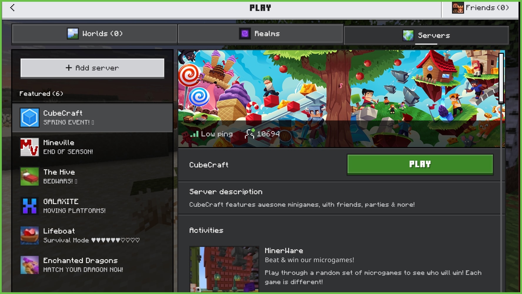 統合版のPLAY画面。ServersのタブにFeaturedのサーバーが並び、Add serverのボタンがある