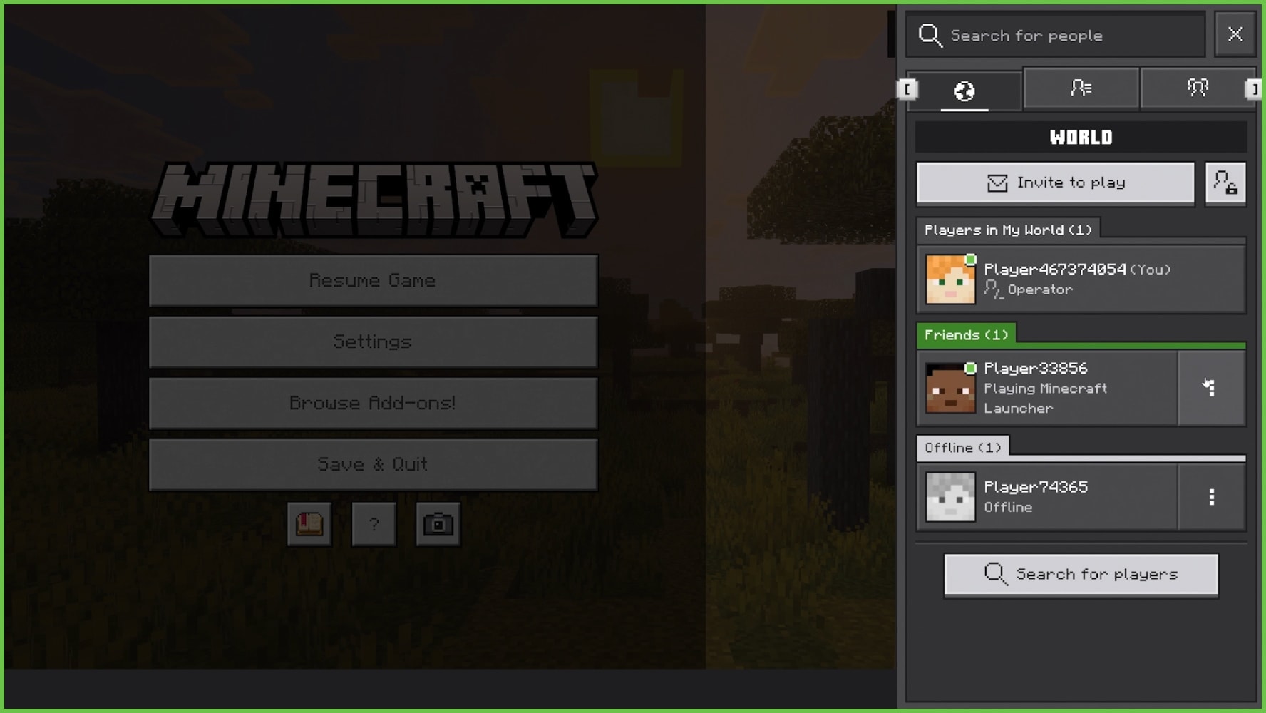 統合版の一時停止画面。Invite to play、Friends、Search for playersなどの項目が並ぶ