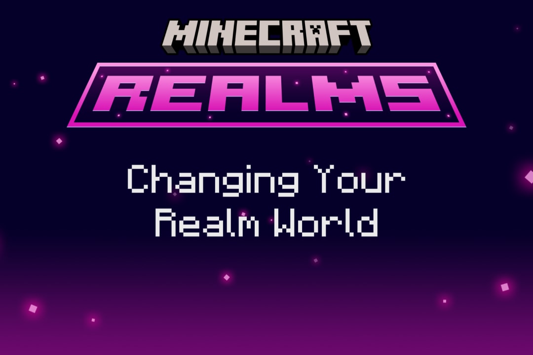Minecraft Realmsのロゴと、英語の見出し「Changing Your Realm World」