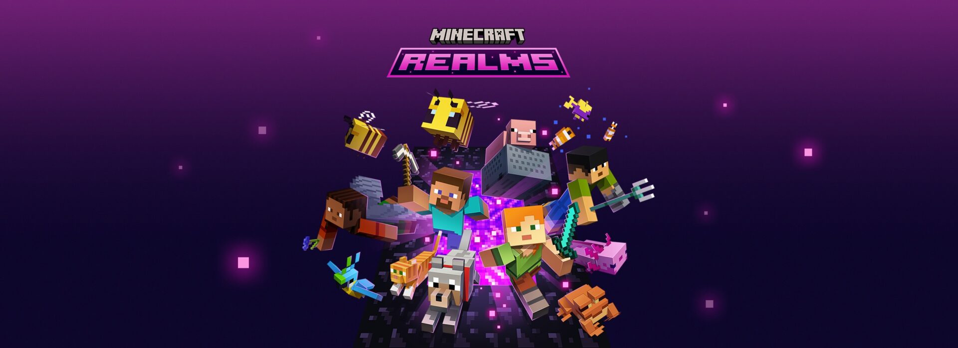 Minecraft Realmsのキーアート。ロゴの下で、スティーブとアレックスがモブたちと一緒に紫色のポータルから飛び出してくる