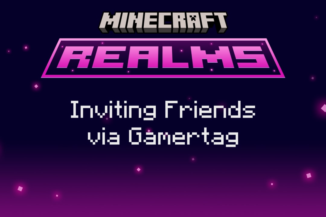 Minecraft Realmsのロゴと、英語の見出し「Inviting Friends via Gamertag」