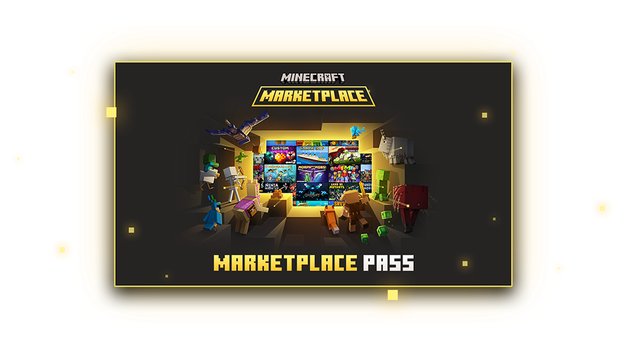 Minecraft Marketplaceのロゴと作品の一覧、その下にMarketplace Passの文字が入った画像