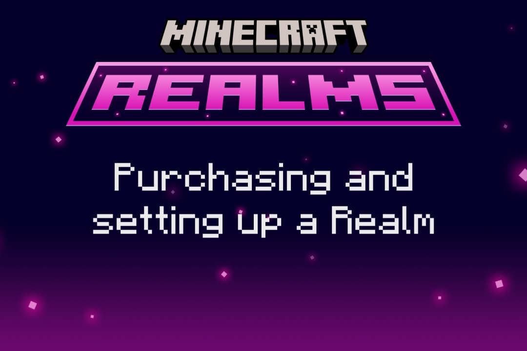 Minecraft Realmsのロゴと、英語の見出し「Purchasing and setting up a Realm」