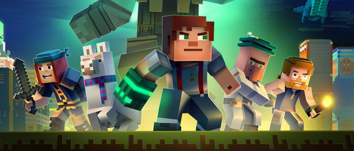 Minecraft: Story Modeの主人公と仲間たち、ラマが並ぶイラスト