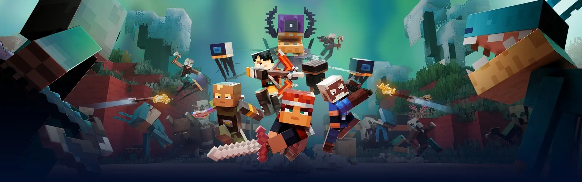 Minecraft Dungeons II のキーアート。武器を構えたヒーローたちが並ぶ