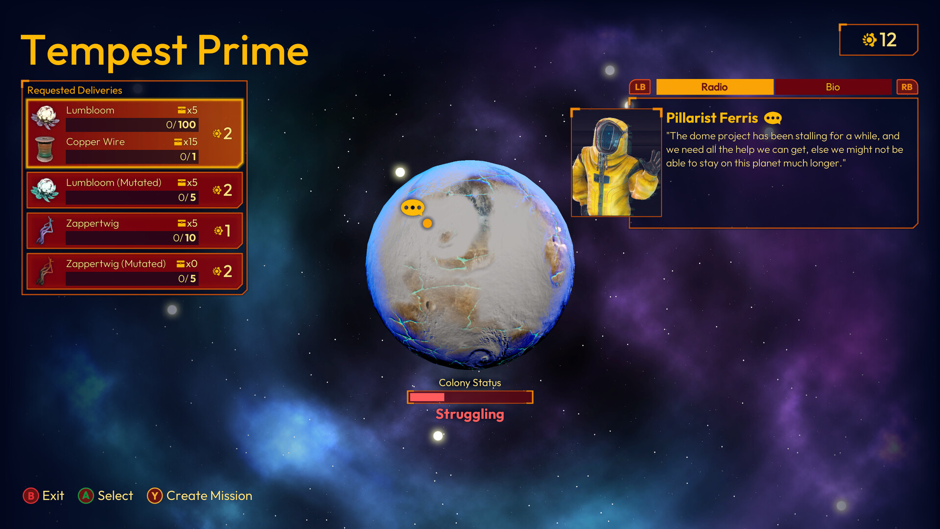惑星「Tempest Prime」へ送る作物と資材の一覧と、依頼を伝える防護服の人物が表示された出荷画面
