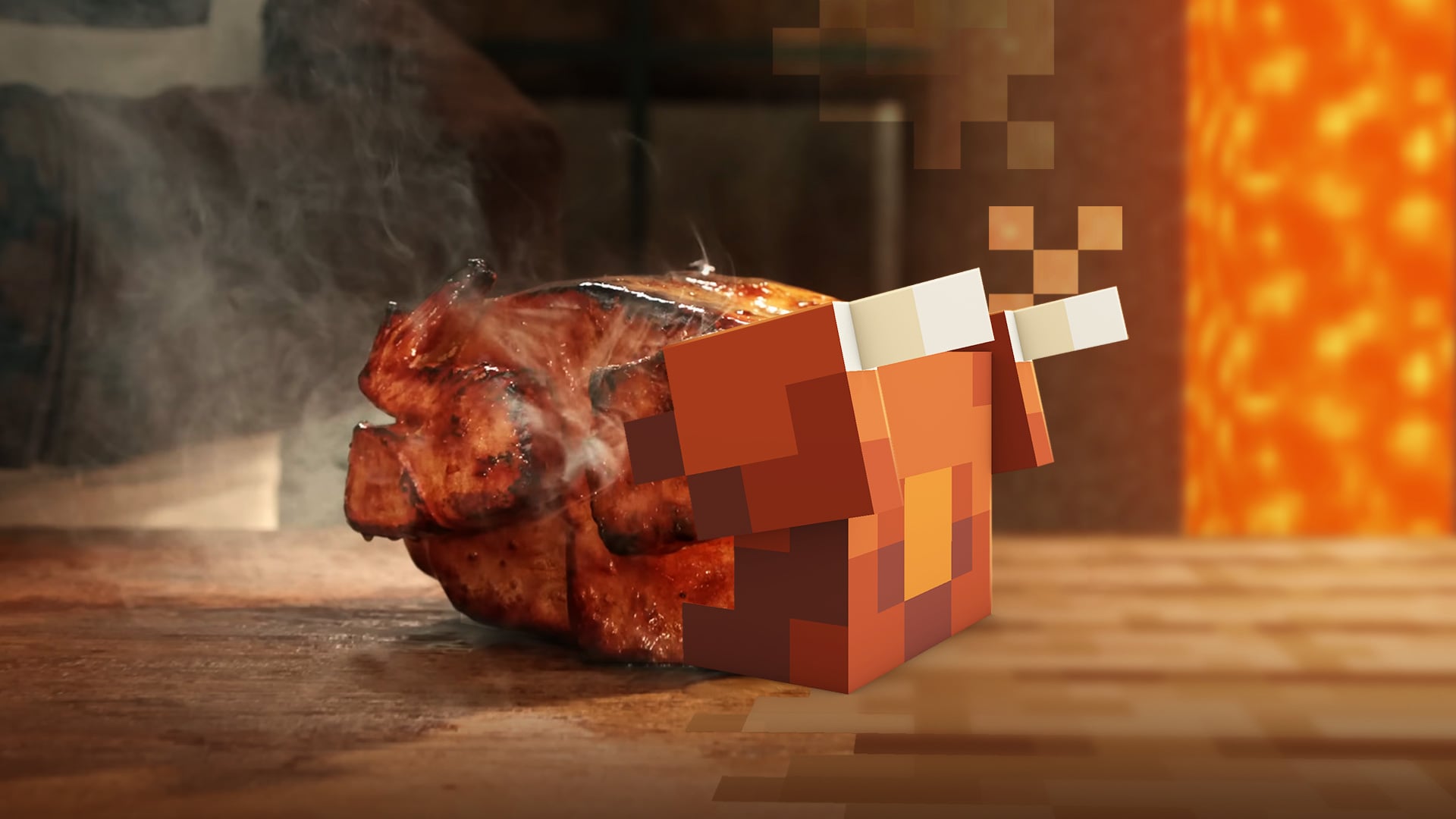溶岩の光が差す中で、実写の焼いたチキンと、ブロックでできたゲームのチキンが重なった画像