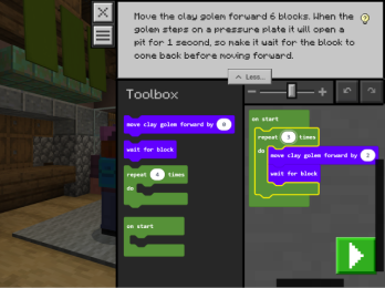 Toolboxのブロックを並べて、クレイ ゴーレムを6ブロック前進させる課題に取り組むプログラミング画面