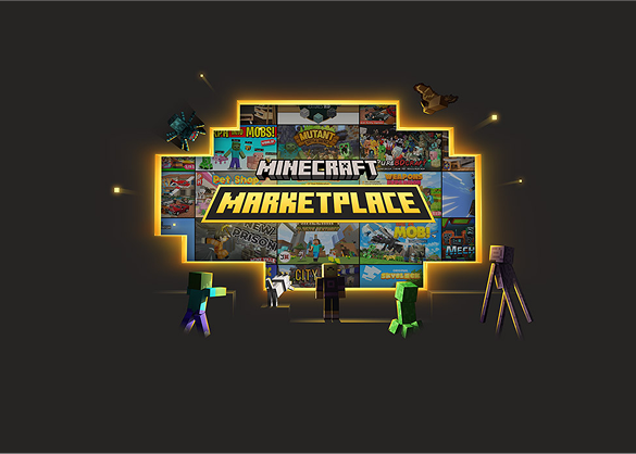 暗い背景の中央で光る額縁にさまざまなワールドの画像と「MINECRAFT MARKETPLACE」の文字が並び、周りにクリーパーなどのモブが立っている
