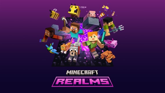 紫の背景にスティーブやアレックス、ミツバチなどのキャラクターが集まり、下に「MINECRAFT REALMS」のロゴ