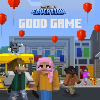 赤い風船が浮かぶ街で、Minecraft Educationの「GOOD GAME」の文字の下に並ぶ子どものキャラクターたち