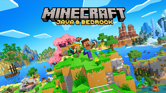 「MINECRAFT JAVA & BEDROCK」のロゴの下で、スティーブとアレックスが桜の木のある丘を駆け上がっている
