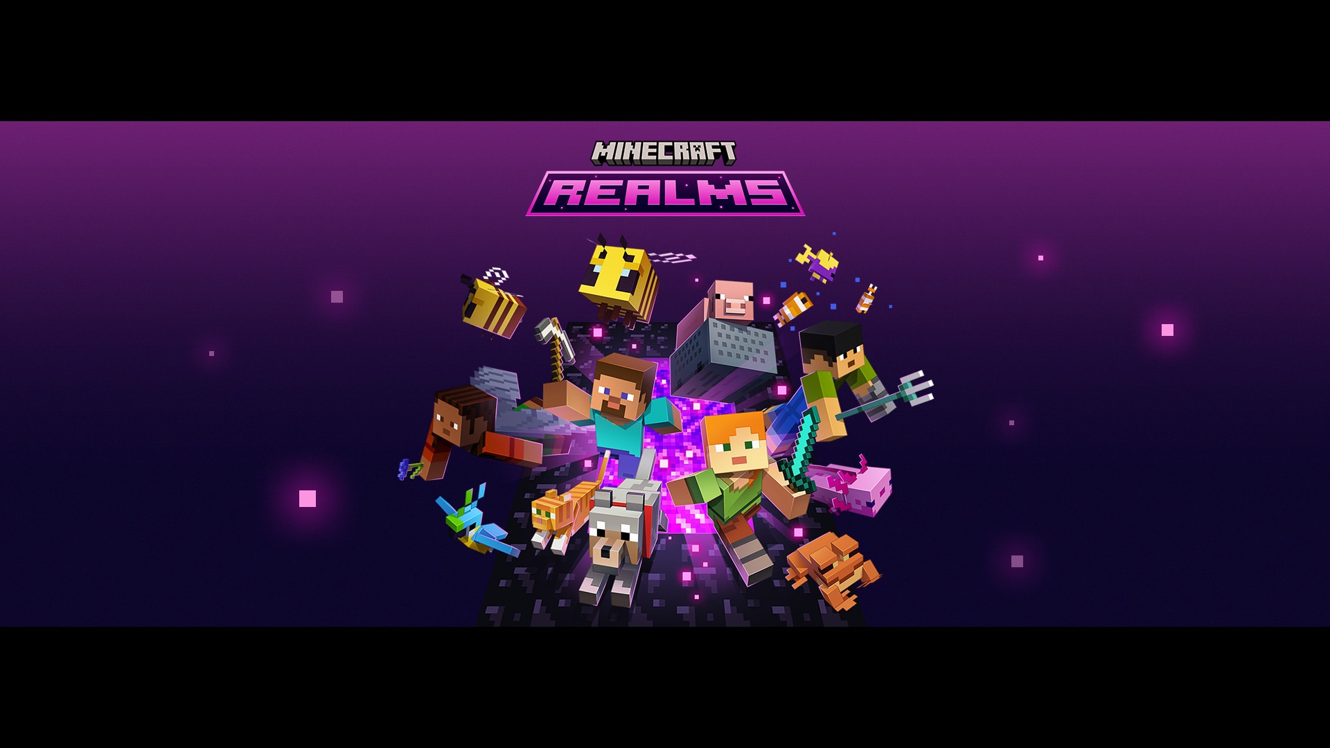 紫色の背景に「MINECRAFT REALMS」のロゴと、ポータルから飛び出すスティーブ、アレックス、オオカミ、ハチ、ウーパールーパー