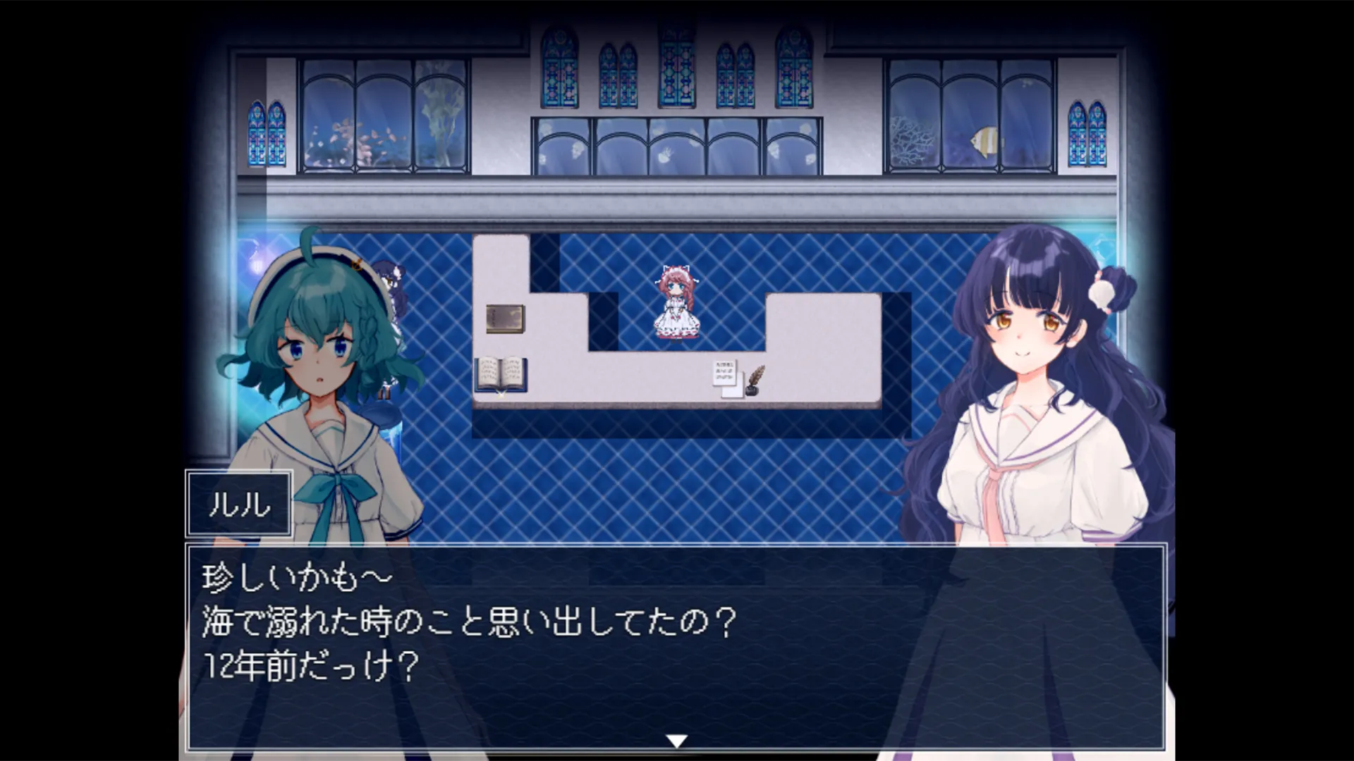 館内の探索マップと人物の会話欄